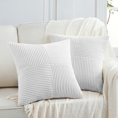 Fancy Homi 2 Packs Pure White Decorative Throw Pillow Covers 20x20 Inch for Living Room Couch Bed Sofa Rustic Farmhouse Boho Home Decor Soft Corss Corduroy Patchwork Accent Cushion Case 50x50 cm