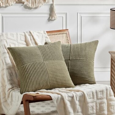 Fancy Homi 2 Packs Olive Green Decorative Throw Pillow Covers 18x18 Inch for Living Room Couch Bed Sofa Rustic Farmhouse Boho Home Decor Soft Corss Corduroy Patchwork Textured Cushion Case 45x45 cm