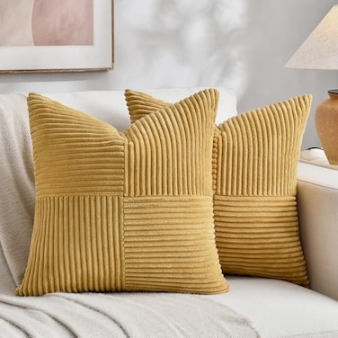 Fancy Homi 2 Packs Mustard Yellow Decorative Throw Pillow Covers 20x20 Inch for Living Room Couch Bed Sofa Farmhouse Boho Home Decor Soft Corss Corduroy Patchwork Accent Square Cushion Case 50x50 cm