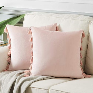 Fancy Homi Pack of 2 Cute Decorative Throw Pillow Covers with Handmade Tassels Soft Velvet Peach Solid Square Cushion Case Set for Couch Sofa Bedroom Car Living Room 20x20 Inch50x50 cm Blush Pink