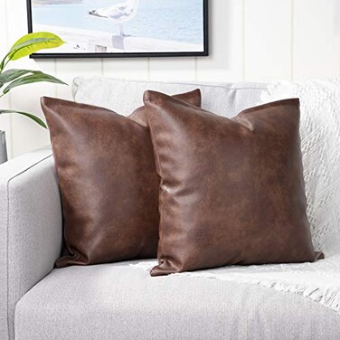 Yaertun Set of 2 Faux Leather Decorative Throw Pillow Covers Modern Solid Outdoor Cushion Cases Luxury Pillowcases for Couch Sofa Bed 16x16 Inches Dark Brown