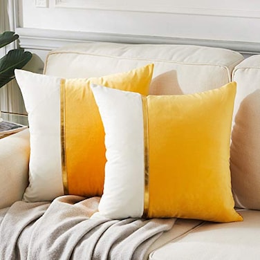 Fancy Homi 2 Packs Yellow Decorative Throw Pillow Covers 18x18 Inch for Living Room Couch Bed Yellow and White Velvet Patchwork with Gold Leather Luxury Modern Accent Square Cushion Case 45x45 cm