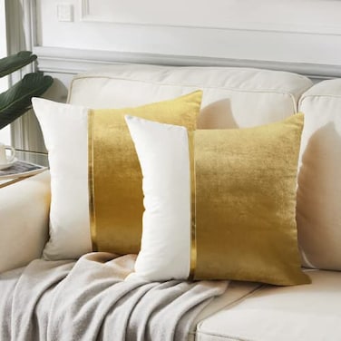 Fancy Homi 2 Packs Gold Decorative Throw Pillow Covers 16x16 Inch for Living Room Couch Bed Gold and White Velvet Patchwork with Gold Leather Luxury Home Decor Square Cushion Case 40x40 cm