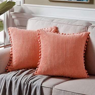 Fancy Homi Pack of 2 Coral Decorative Throw Pillow Covers 18x18 Inch with Pompoms for Living Room Couch Bedroom Soft Corduroy Peach Solid Square Cushion Case 45x45 cm Rustic Farmhouse Home Decor