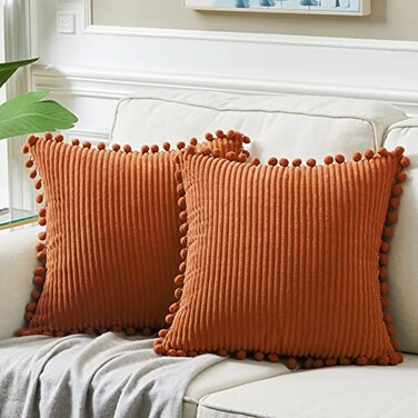 Fancy Homi Pack of 2 Rust Fall Decorative Throw Pillow Covers 16x16 Inch with Pompoms for Living Room Couch Bedroom Soft Corduroy Terracotta Solid Square Cushion Case 40x40 cm Boho Home Decor