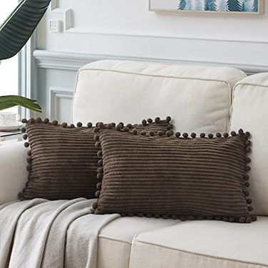 Fancy Homi 2 Pack Dark Brown Lumbar Decorative Throw Pillow Covers 12x20 Inch with Pompoms for Couch Bedroom Soft Corduroy Solid Rectangle Cushion Case 30x50 cm Farmhouse Boho Home Decor