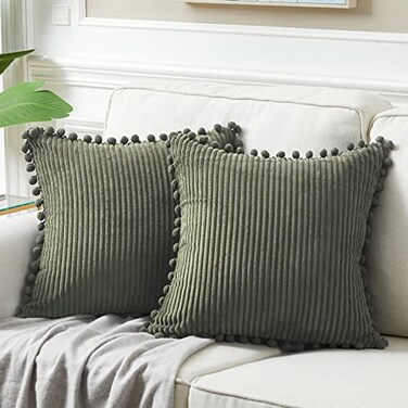 Fancy Homi Pack of 2 Olive Green Decorative Throw Pillow Covers 16x16 Inch with Pompoms for Couch Bed Bedroom Soft Corduroy Solid Square Cushion Case 40x40 cm Farmhouse Boho Home Decor
