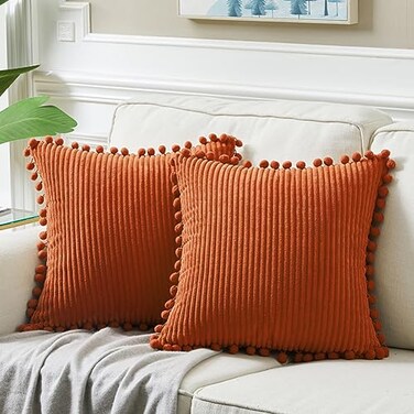 Fancy Homi Pack of 2 Burnt Orange Decorative Throw Pillow Covers 16x16 Inch with Pompoms for Couch Bed Bedroom Soft Corduroy Solid Square Cushion Case 40x40 cm Farmhouse Boho Fall Home Decor