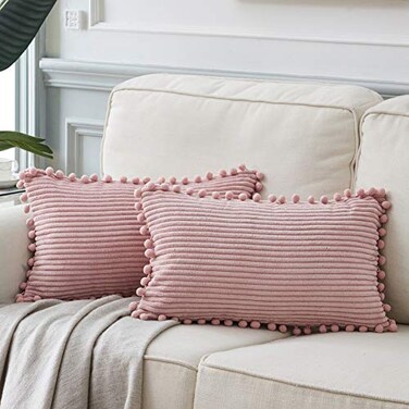 Fancy Homi Pack of 2 Boho Rectangle Decorative Throw Pillow Covers with Pompoms Soft Corduroy Accent Solid Cushion Case Set for Couch Sofa Bedroom Car Living Room 12x20 Inch30x50 cm Blush Pink