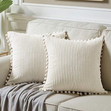 Fancy Homi Set of 2 Cream Decorative Throw Pillow Covers 12x12 Inch with Pompoms for Couch Bed Sofa Modern Farmhouse Boho Home Decor Soft Plush Corduroy Cute Cushion Case 30x30 cm