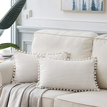 Fancy Homi 2 packs Cream White Boho Decorative Throw Pillow Covers with Pompoms Soft Corduroy Solid Square Cushion Cases Set for Living Room Couch Sofa Bedroom Car 12x20 Inch30x50 cm Cream White