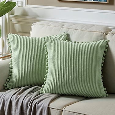 Fancy Homi 2 Packs Sage Green Decorative Throw Pillow Covers 16x16 Inch with Pom poms Boho Farmhouse Home Decor Soft Corduroy Accent Square Cushion Case for Living Room Couch Bed Sofa 40x40 cm