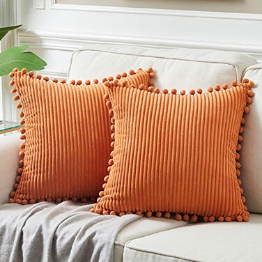 Fancy Homi Pack of 2 Corduroy Fall Decorative Throw Pillow Covers with Pompoms Solid Square Cushion Case Pillow Cases Set for Couch Sofa Bedroom Car Living Room 20x20 Inch50x50 cm Orange