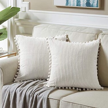 Fancy Homi 2 packs Cream White Boho Decorative Throw Pillow Covers with Pompoms Soft Corduroy Solid Square Cushion Cases Set for Living Room Couch Sofa Bedroom Car 20x20 Inch50x50 cm Cream White