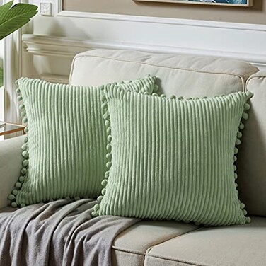 Fancy Homi Pack of 2 Sage Green Decorative Throw Pillow Covers with Pompoms Soft Corduroy Solid Square Cushion Cases Set for Couch Sofa Bedroom Car Living Room 20x20 Inch50x50 cm Sage Green