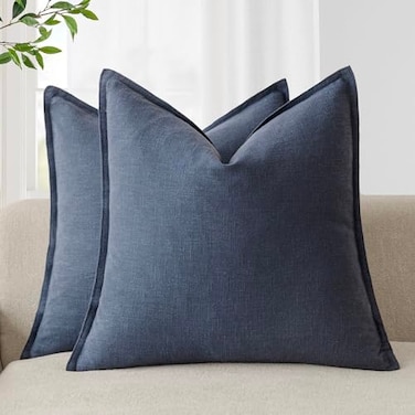 Foindtower Pack of 2 Decorative Linen Soild Throw Pillow Covers Soft Accent Square Cushion Case Boho Farmhouse Pillowcase for Chair Couch Sofa Bedroom Living Room Home Decor 18 x 18 Inch Navy Blue