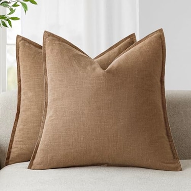 Foindtower Pack of 2 Decorative Linen Soild Throw Pillow Covers Soft Accent Cushion Case Boho Farmhouse Pillowcase for Chair Couch Sofa Bedroom Living Room Home Decor 26 x 26 Inch Light Khaki Brown