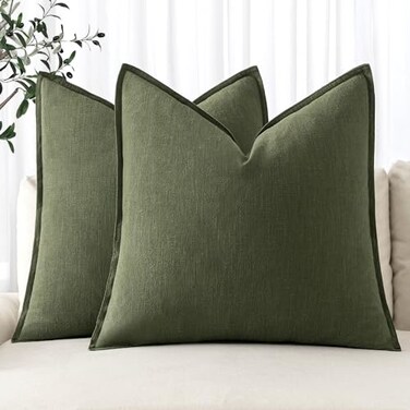 MIULEE Decorative Linen Pillow Covers 18x18 Inch Dark Olive Green Boho Farmhouse Neutral Spring Couch Throw Pillows for Bed Pack of 2 Accent Pillowcase Modern Sofa Cushion Livingroom Home Decor