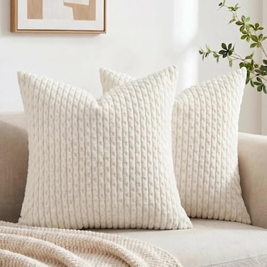 Fancy Homi 2 Packs Cream White Decorative Throw Pillow Covers 16x16 Inch for Couch Bed Sofa Modern Farmhouse Boho Home Decor Soft Cute Plush Corduroy Cushion Case 40x40 CM