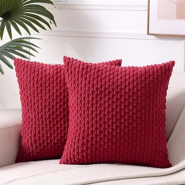 Fancy Homi 2 Packs Burgundy Decorative Throw Pillow Covers 18x18 Inch for Couch Bed Sofa Modern Farmhouse Boho Home Decor Soft Cute Plush Corduroy Wine Red Striped Cushion Case 45x45 CM