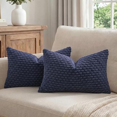 Fancy Homi 2 Packs Navy Blue Long Lumbar Decorative Throw Pillow Covers 16x24 Inch for Couch Bed Sofa Modern Farmhouse Boho Home Decor Soft Cute Plush Corduroy Rectangle Cushion Case 40x60 CM
