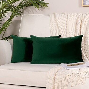 Stellhome Pack of 2 Velvet Throw Pillow Covers Rectangle Super Soft Solid Pillowcase for Bed Couch Sofa Bench 12 x 20 inch 30 x 50 cm Dark Green