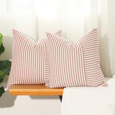 Hckot Christmas Pillow Covers 18x18 Red Throw Pillow Covers Set of 2 Striped Linen Decorative Pillows Cushion Covers for Couch Chair Beding Xmas Winter DecorationsRed