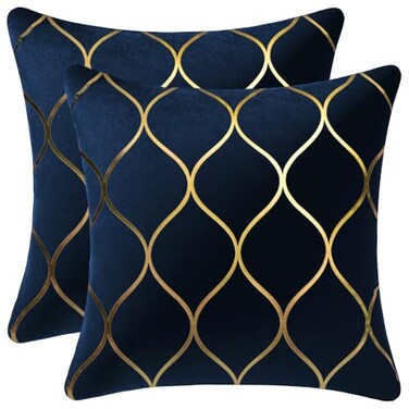 DEZENE Gold Velvet Throw Pillow Covers Navy 2 Pack 18x18 Inch Square Decorative Pillow Cases for Bedroom Sofa Couch Living Room