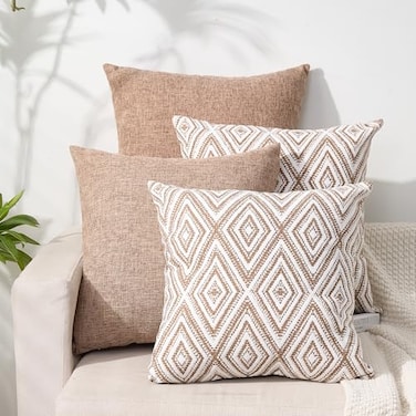 HPUK Decorative Throw Pillow Covers Set of 4 Couch Pillows Linen Cushion Cover for Couch Sofa Living Room 18x18 inches Light Brown