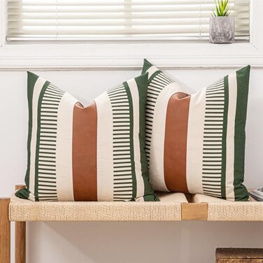 Vfuty Decorative Farmhouse Throw Pillow Covers 18x18 Accent Faux Leather Pillowcase Rustic Boho DecorOlive Green and Beige Cover ONLY Pack of 2