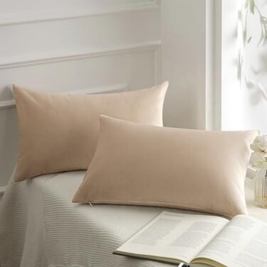 Phantoscope Pack of 2 Velvet Decorative Throw Decorative Pillow Cover Soft Solid Square Cushion Case for Couch Beige 12 x 20 inches 30 x 50 cm