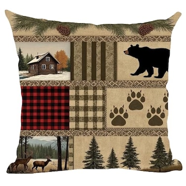 Ramirar Retro Brown Deer Bear Paw Prints House Cabin Forest Pine Nut Trees Field Fall Autumn Decorative Throw Pillow Cover Case Home Living Room Bed Sofa Car Cotton Linen Square 18 x 18 Inches