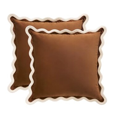 MONDAY MOOSE Decorative Throw Pillow Covers Cushion Cases Set of 2 Soft Velvet Scalloped Wavy Edge Designs Mix and Match for Home Decor Pillow Inserts Not Included 20x20 inch BeigeBrown
