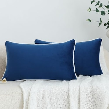 LIGICKY Set of 2 Nayy Blue Velvet Lumbar Pillow Covers Modern Minimalist Style Solid Decorative White Rope Edging Soft Rectangle Cushion Cases for Sofa Bedroom Party Dcor 12 x 20 inch