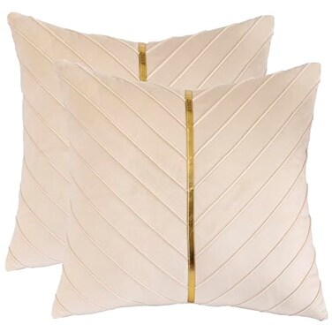 Tosleo Cream Pillow Covers 18 x 18 Pack of 2 with Gold Leather Soft Velvet Throw Pillow Covers Decorative Couch Pillow Cover Luxury Modern Pillowcases Spring Summer Home Decor for Sofa Bed Living Room