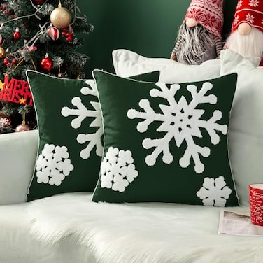 MIULEE Pack of 2 Christmas Decorative Snowflake Throw Pillow Covers Canvas Embroidery Winter Cushion Cases Holiday Decor Soft Pillowcases for Winter Couch Sofa Bedroom CarDark Green 16x16in