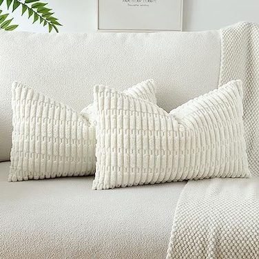 OTOSTAR Pack of 2 Soft Corduroy Decorative Throw Pillow Covers 16 x 24 Inch Boho Striped Pillow Covers Lumbar Cushion Case Couch Pillowcases for Sofa Bed Home Decor Cream White
