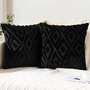 Pallene Summer Black Euro Sham Throw Pillow Covers 22x22 Set of 2 Soft Plush Faux Fur Decorative Couch Pillow Covers for Sofa Bed Living Room Pillow Cases with 3D Diamond Pattern