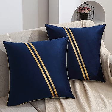 WACOMECO Pack of 2 Gold Throw Pillow Covers Soft Decorative Luxury Velvet Cushion Covers Pillow Cases with Gold Leather for Sofa Bedroom Livingroom Car 18 x 18 in Navy Blue