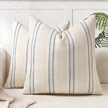 AELS 20x20 Decorative Farmhouse Linen Throw Pillow Covers Boho Textured Pillow Case Set of 2Beige with White Navy Blue Stitch Yarn Dyed Stripe Cushion Cover for Sofa Couch Living RoomCover ONLY
