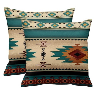 Emvency Set of 2 Throw Pillow Cover Tribal Fabric Print Turquoise Blue Hue Decorative Pillow Case Western Home Decor Square 18 x 18 Inch Cushion Pillowcase