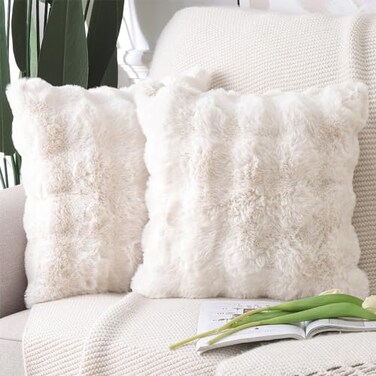 MADIZZ Pack of 2 Thick Plush Faux Wool Throw Pillow Covers Soft Boho Throw Pillows Luxurious Cushion Covers for Couch Sofa Bedroom Living Room Home Decor 18x18 Inch Cream