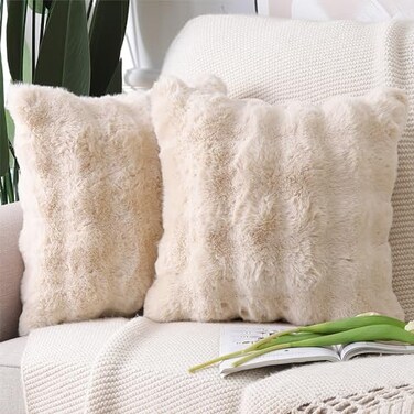 MADIZZ Pack of 2 Thick Plush Faux Wool Throw Pillow Covers Soft Boho Throw Pillows Luxurious Cushion Covers for Couch Sofa Bedroom Living Room Home Decor Euro Sham 24x24 Inch Beige