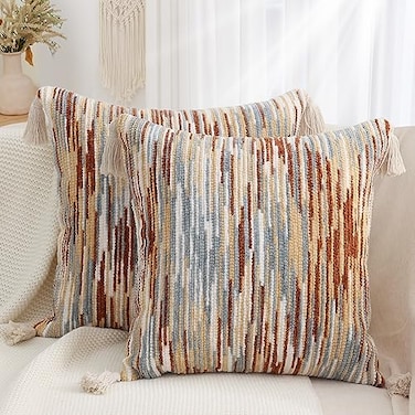 Simmore Fall Boho Decorative Throw Pillow Covers 18x18 Set of 2 Tufted Farmhouse Pillow Covers with Tassels for Cozy Bohemian Couch Sofa Bedroom Home Decor Rust