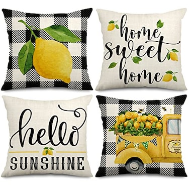 AnyDesign Lemon Pillow Covers 18 x 18 in Summer Farmhouse Throw Pillow Case Watercolor Buffalo Plaids Truck Hello Sunshine Cushion Cases for Home Sofa Couch 4 Pack