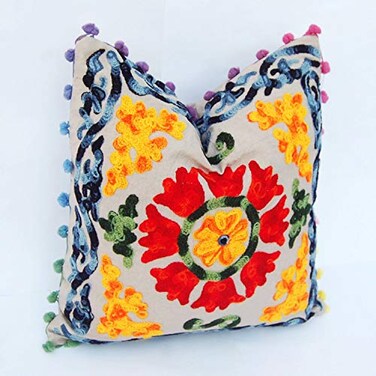 INDACORIFY Traditional Jaipur Boho Throw Suzani Pillow Embroidered Cushion Covers 16x 16 Decorative Throw Pillow Case Indian Pom Pom Outdoor Cushion Boho Pillow Shams