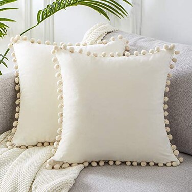 Topfinel Pack of 2 Cream White Euro Pillow Covers 26x26 Inch Decorative Throw Pillow Covers for Couch Sofa Bed Soft Velvet Cushion Cases with Pompoms Square Euro Sham Covers 65x65 cm