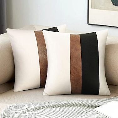Merrycolor Faux Leather and Linen Throw Pillow Covers Black and White Pillows Decorative Throw Pillows Covers Brown Square Modern Farmhouse Accent Pillow Case 18 x 18 Inch Black and White