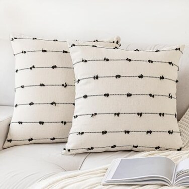 YEENAASY Boho Throw Pillow Covers 18x18 Set of 2 Modern Farmhouse Decorative Cushion Case Tufted Square Pillows Cover Neutral Pillow Cases Accent Pillowcase for SofaCouchBedBeige and Black