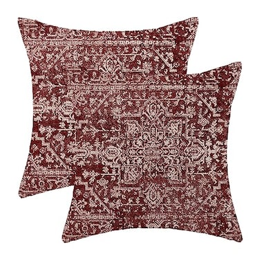 Gohdiwh Boho Pillow Covers 18x18 Set of 2 Burgandy Red Carpet Pattern Decorative Throw Pillows Linen Ethnic Design Farmhouse Cushion Pillow Covers for Sofa Couch Outdoor Decor